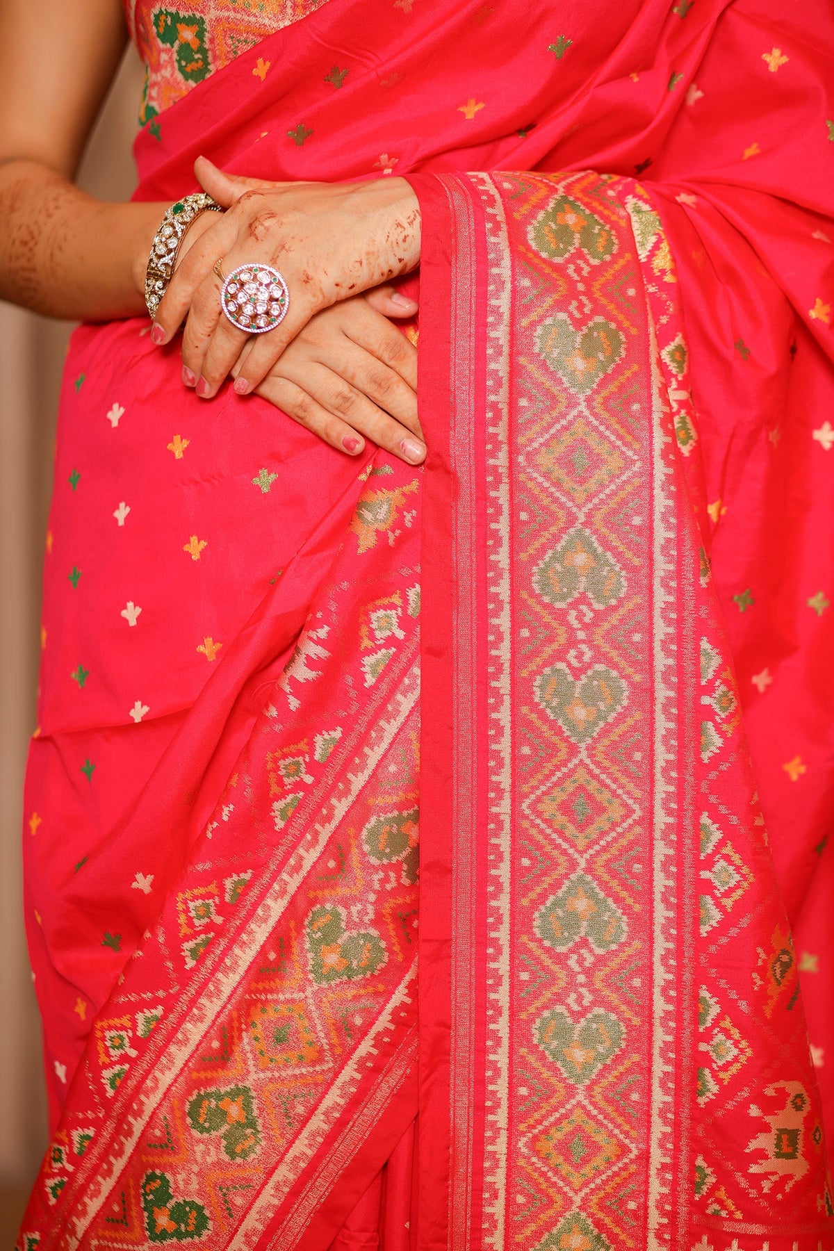 Pink Banarasi Semi Silk Woven Saree with Patola Border and Pallu - pink silk saree patola