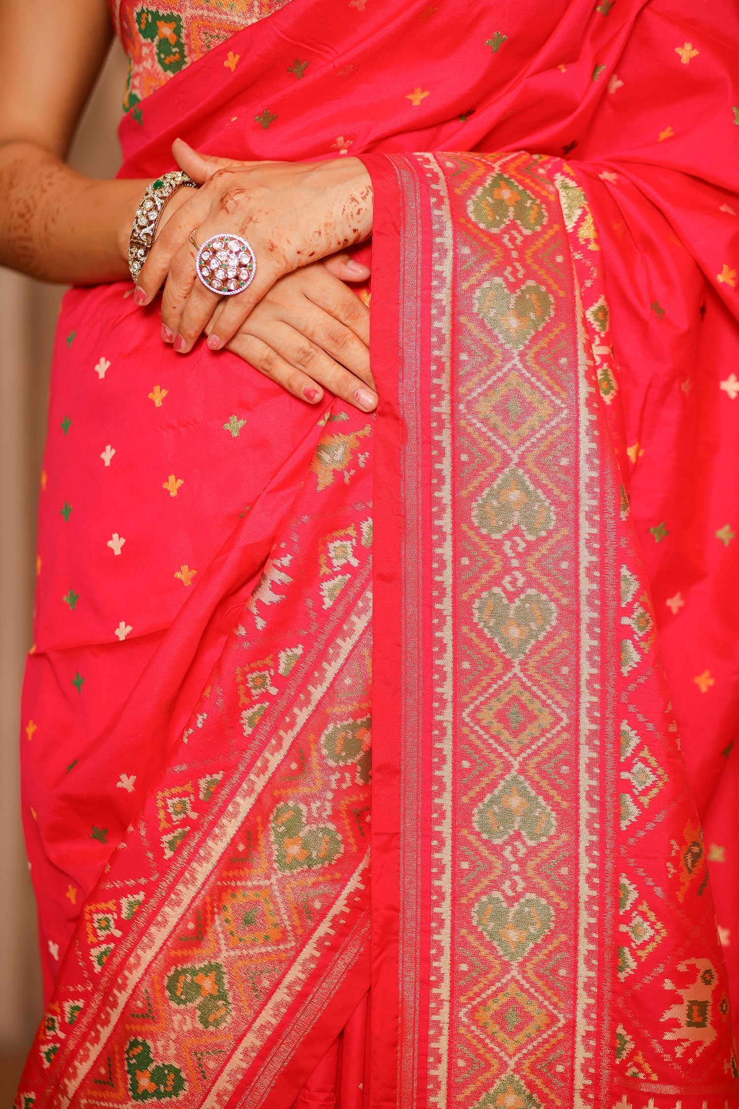 Pink Banarasi Semi Silk Woven Saree with Patola Border and Pallu - pink silk saree patola