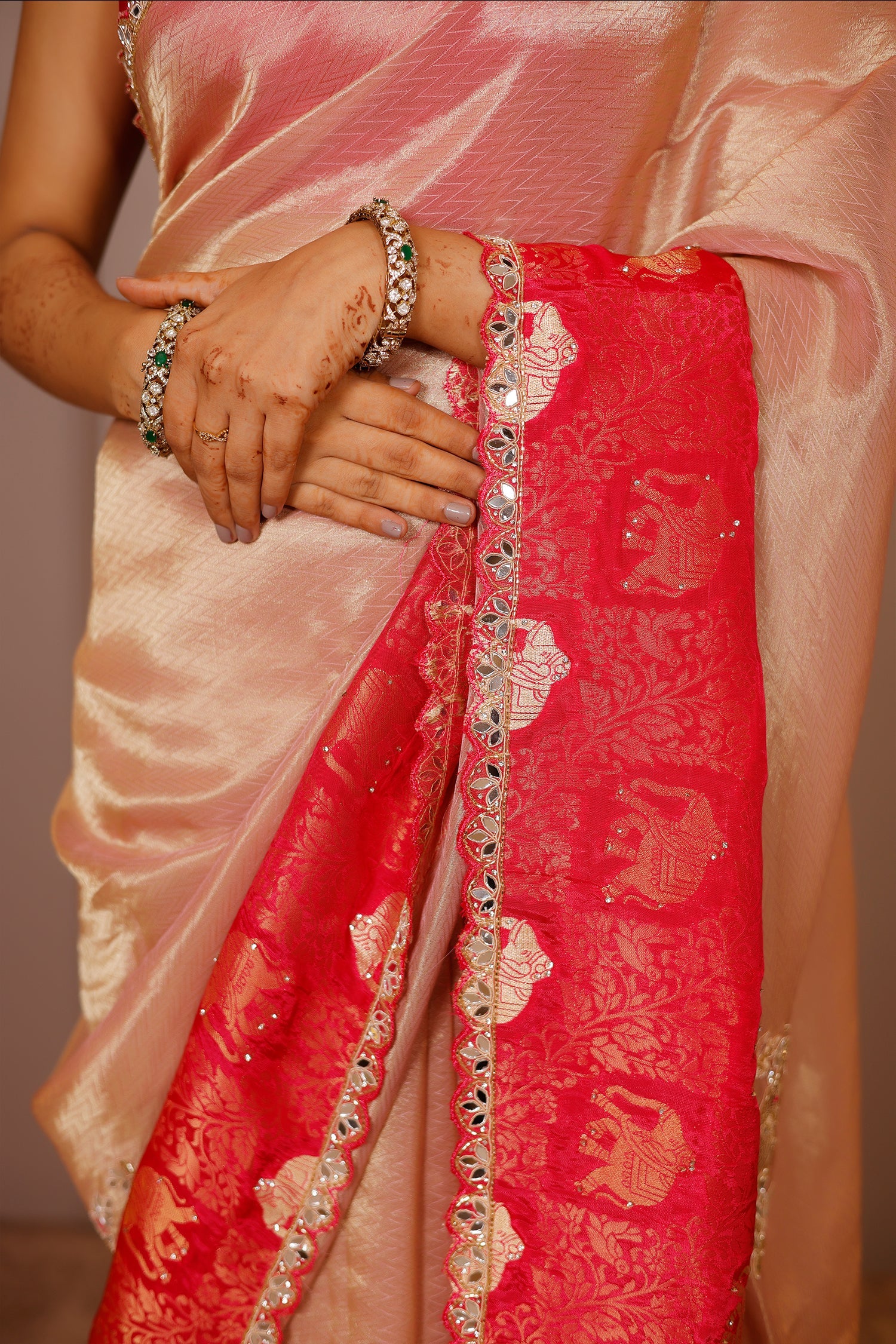 Light Pink Tissue Silk Saree with Woven Border and Cutdana Mirror Applique Work