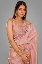 Pink Tissue Resham Embroidered and Diamond Worked Saree - red saree embroidered