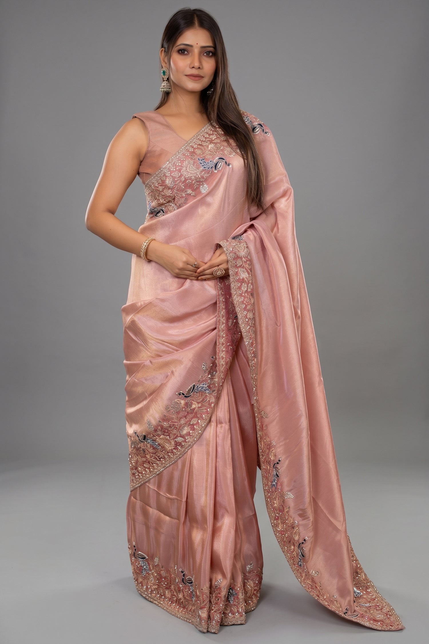 Pink Tissue Resham Embroidered and Diamond Worked Saree - red saree embroidered Main image