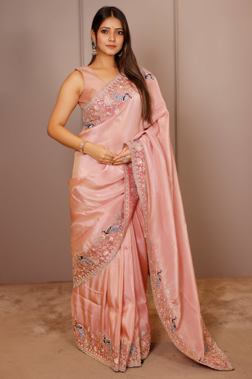 Pink Tissue Resham Embroidered and Diamond Worked Saree - red saree embroidered