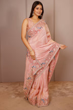 Pink Tissue Resham Embroidered and Diamond Worked Saree - red saree embroidered