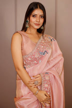 Pink Tissue Resham Embroidered and Diamond Worked Saree - red saree embroidered