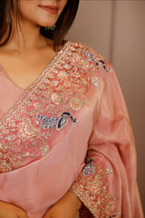 Pink Tissue Resham Embroidered and Diamond Worked Saree