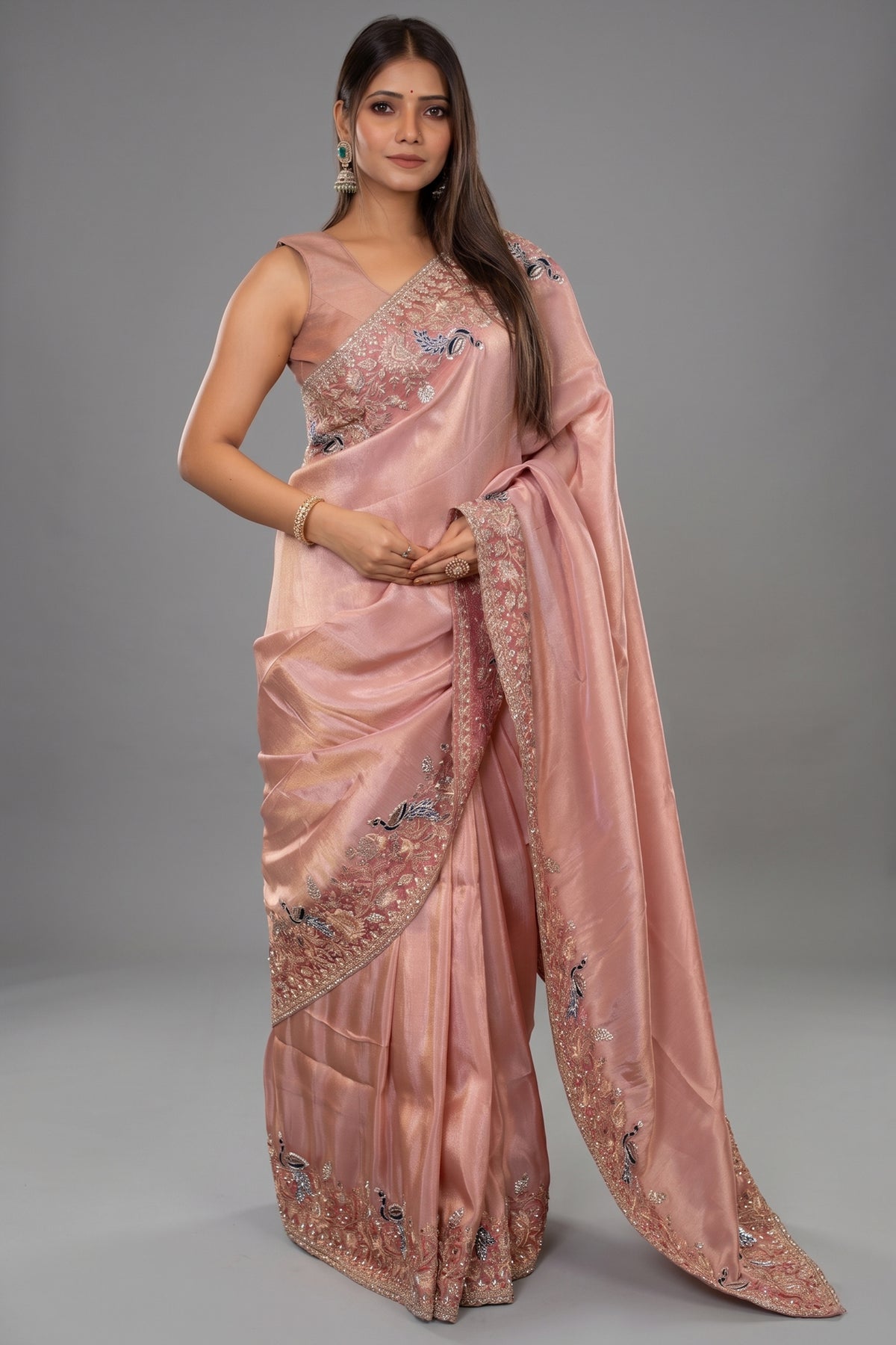 Pink Tissue Resham Embroidered and Diamond Worked Saree - red saree embroidered