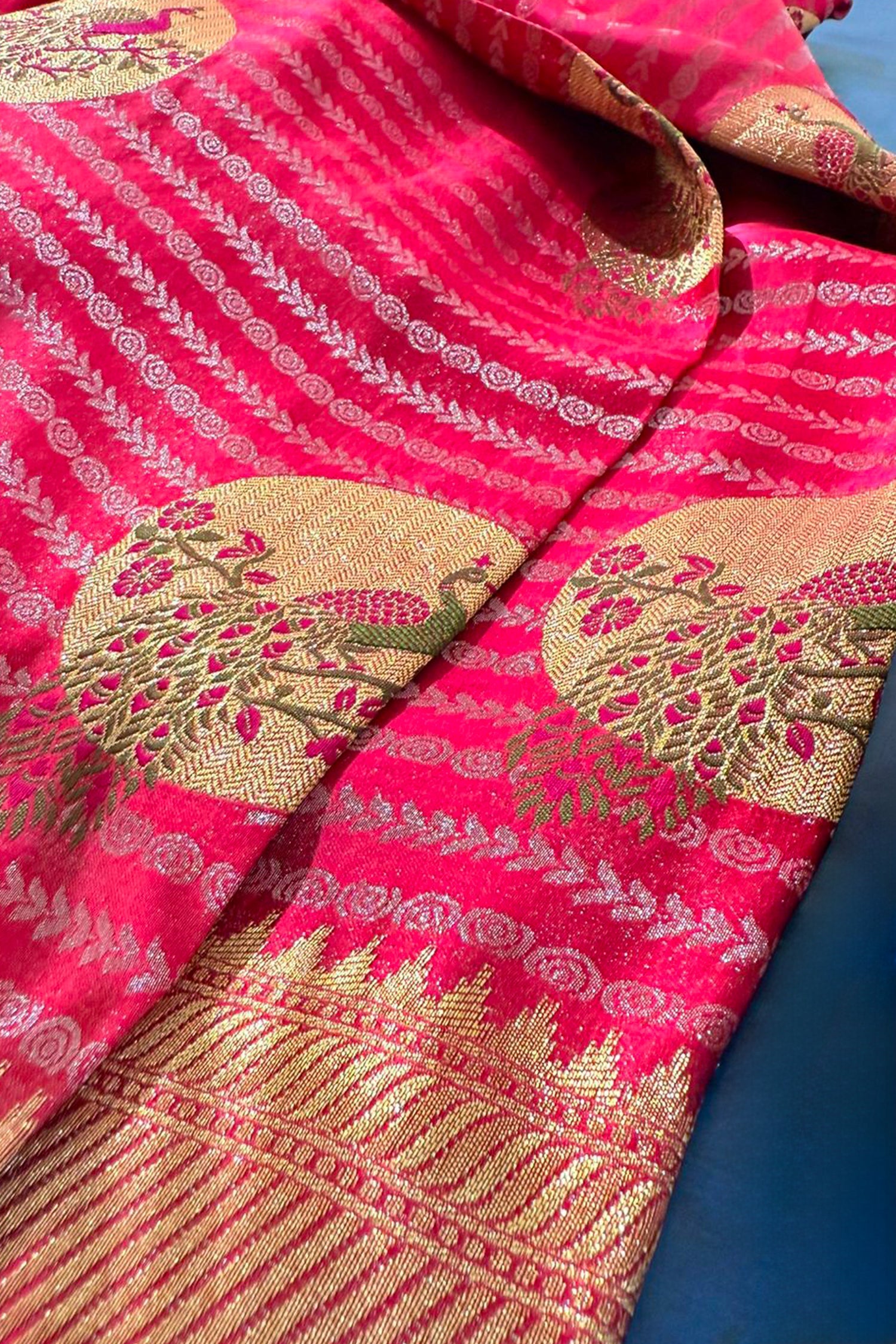 Pink Satin Shimmer Peacock Motifs Woven Butta Saree