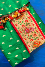 Green Silk Traditional Paisley Woven Saree with Contrast Border and Pallu - green silk saree