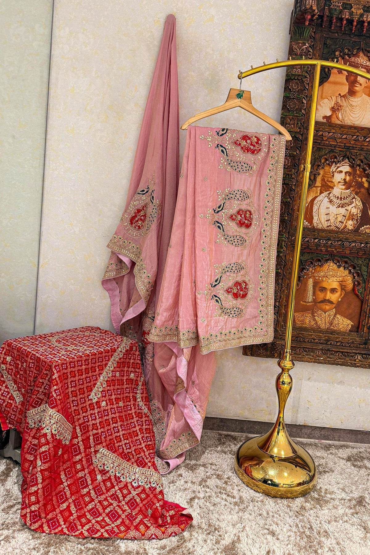 Pink Chiffon Shimmer Saree with Peacock Motif Embroidered Butta