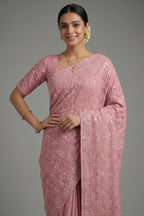 Light Baby Pink Georgette Lucknowi Worked Saree with Mukaish Work - pink georgette saree