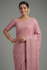 Light Baby Pink Georgette Lucknowi Worked Saree with Mukaish Work - pink georgette saree