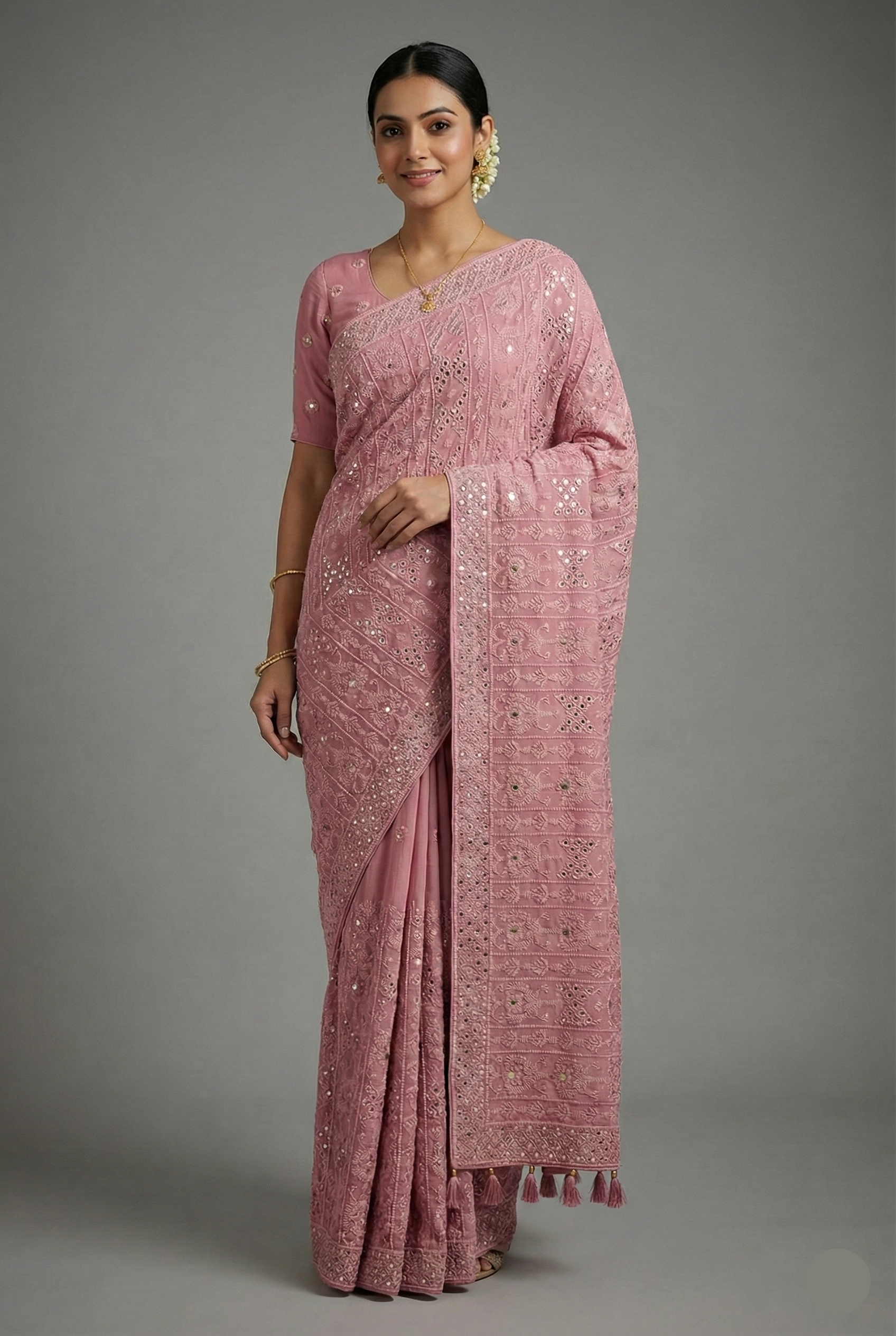 Light Baby Pink Georgette Lucknowi Worked Saree with Mukaish Work - pink georgette saree Main image