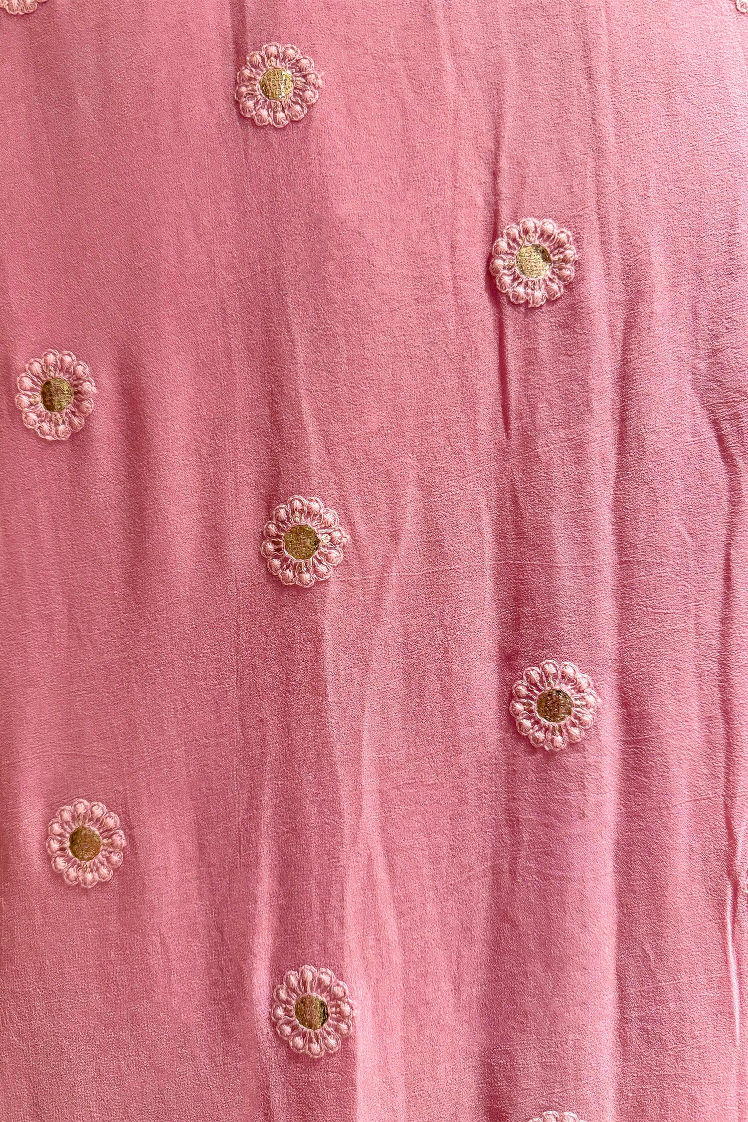 Light Baby Pink Georgette Lucknowi Worked Saree with Mukaish Work - pink georgette saree