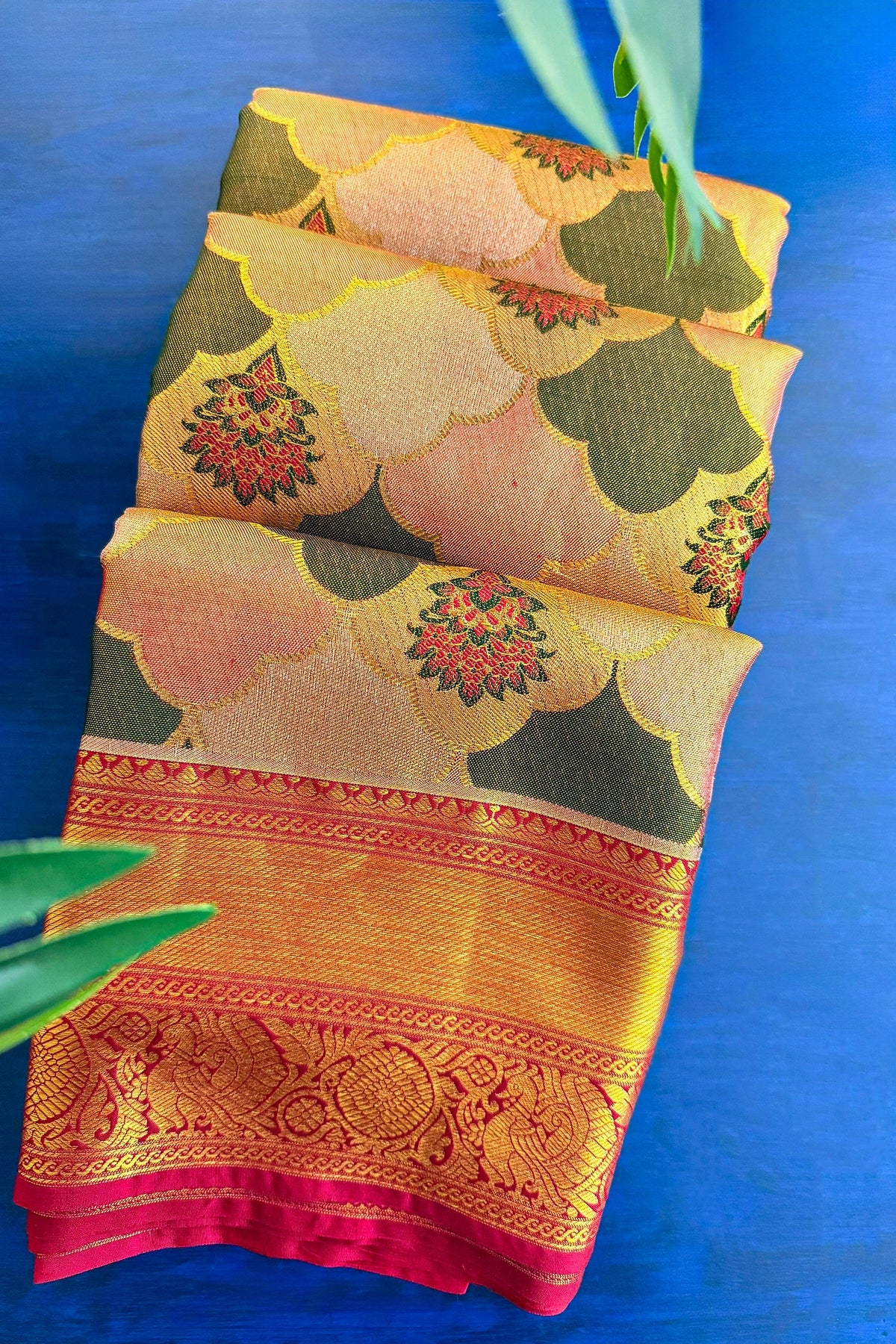 Golden Kanchipuram Tissue Silk Moroccan Design Woven Saree