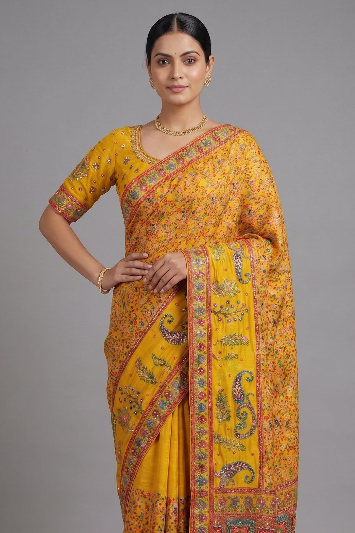 Yellow Dola Silk Pashmina Printed Saree with Sequin Cutdana Work - yellow silk saree