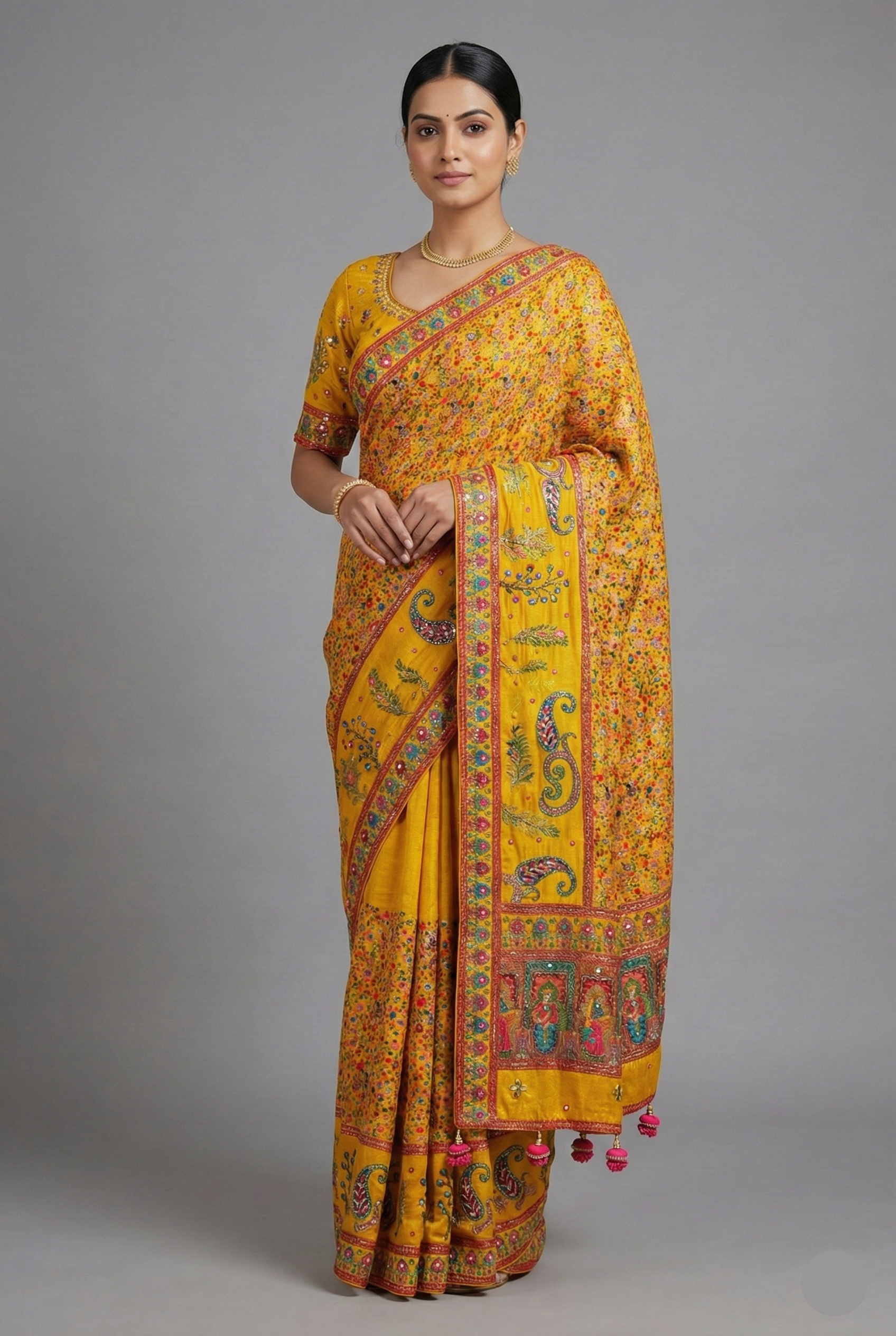 Yellow Dola Silk Pashmina Printed Saree with Sequin Cutdana Work - yellow silk saree