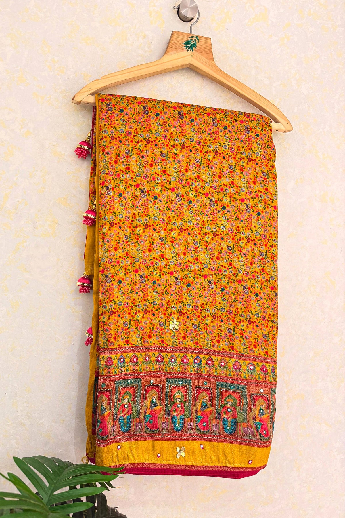 Yellow Dola Silk Pashmina Printed Saree with Sequin Cutdana Work - yellow silk saree