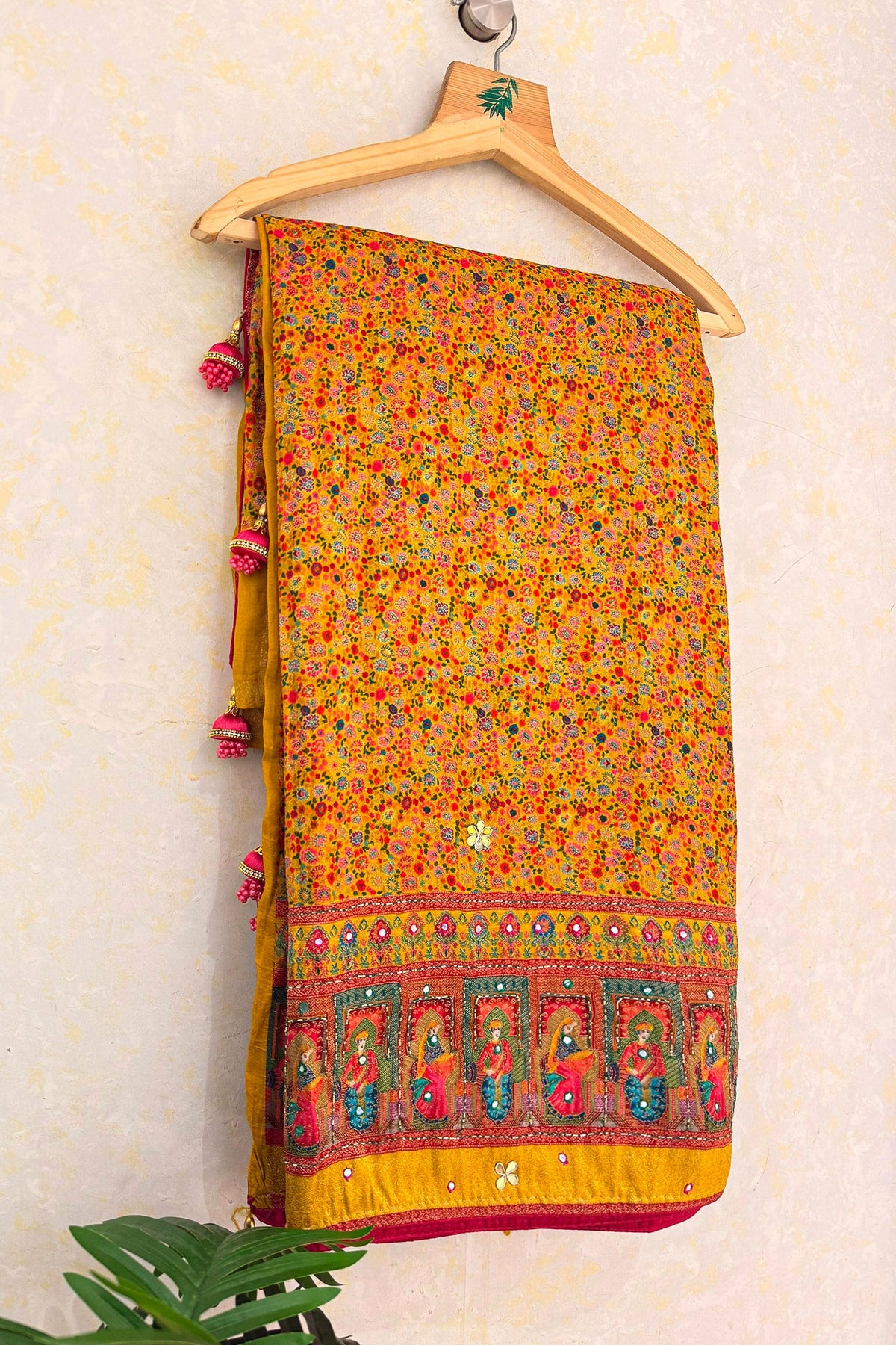 Yellow Dola Silk Pashmina Printed Saree with Sequin Cutdana Work - yellow silk saree