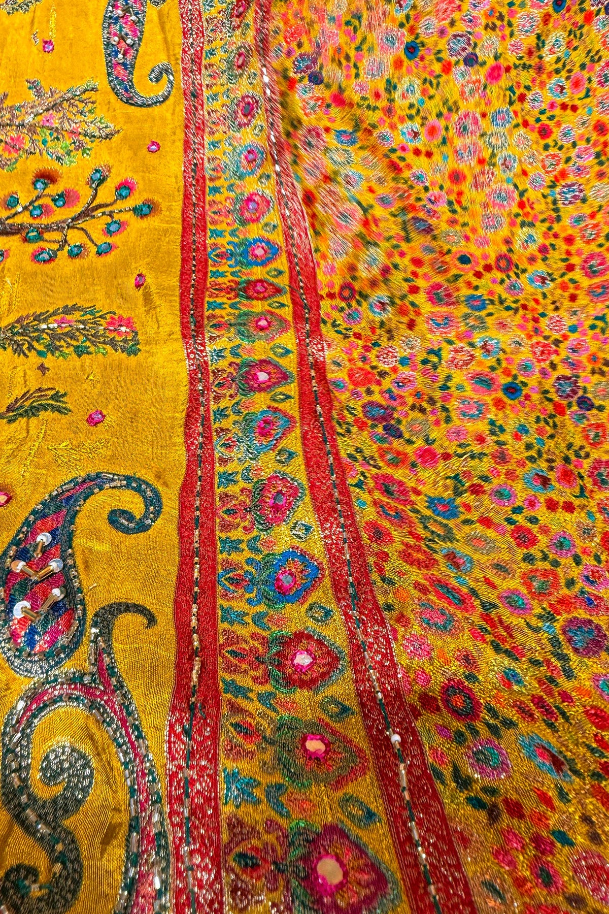 Yellow Dola Silk Pashmina Printed Saree with Sequin Cutdana Work - yellow silk saree