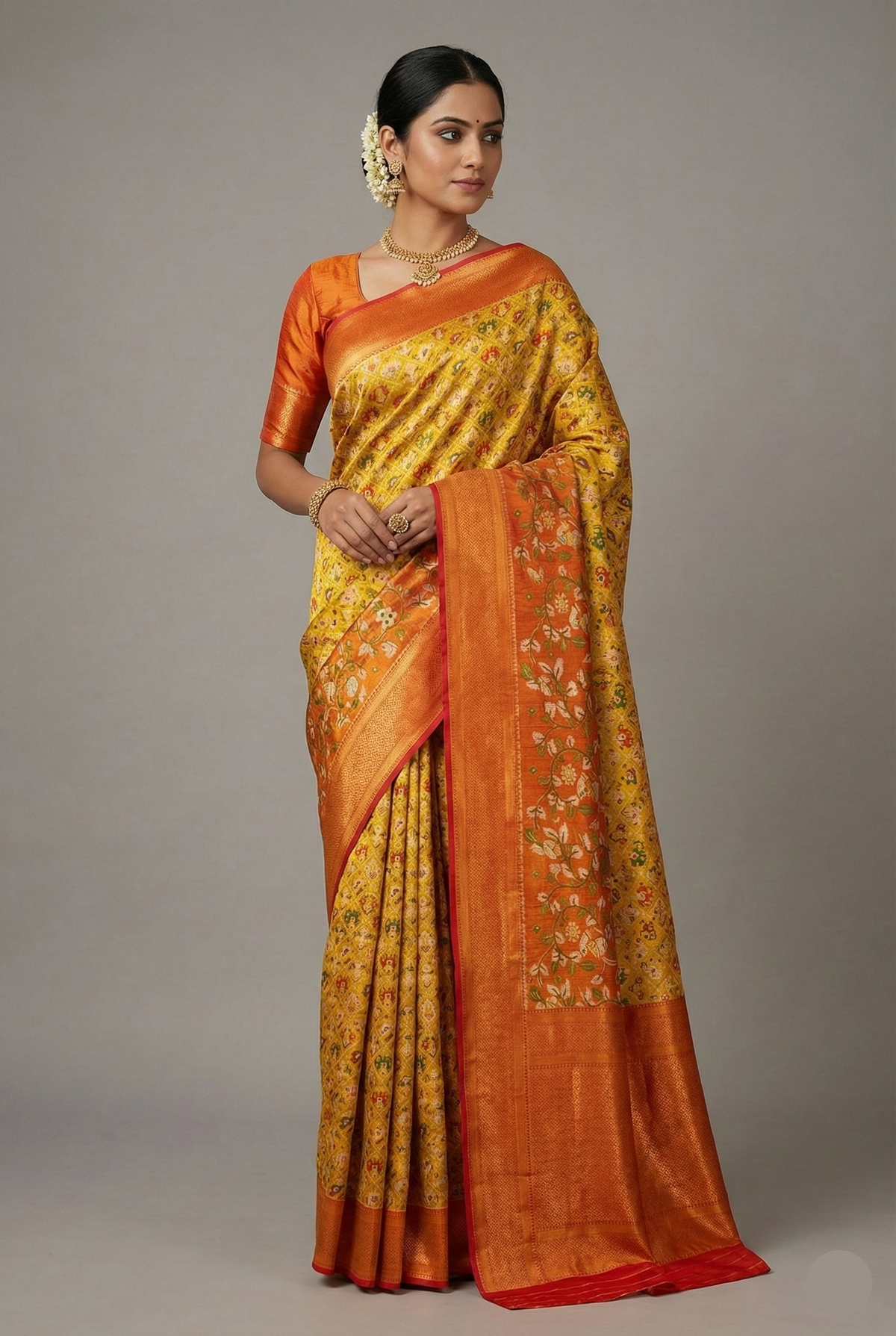 Mustard Yellow Kanchipuram Tissue Silk Checks Woven Patola Saree