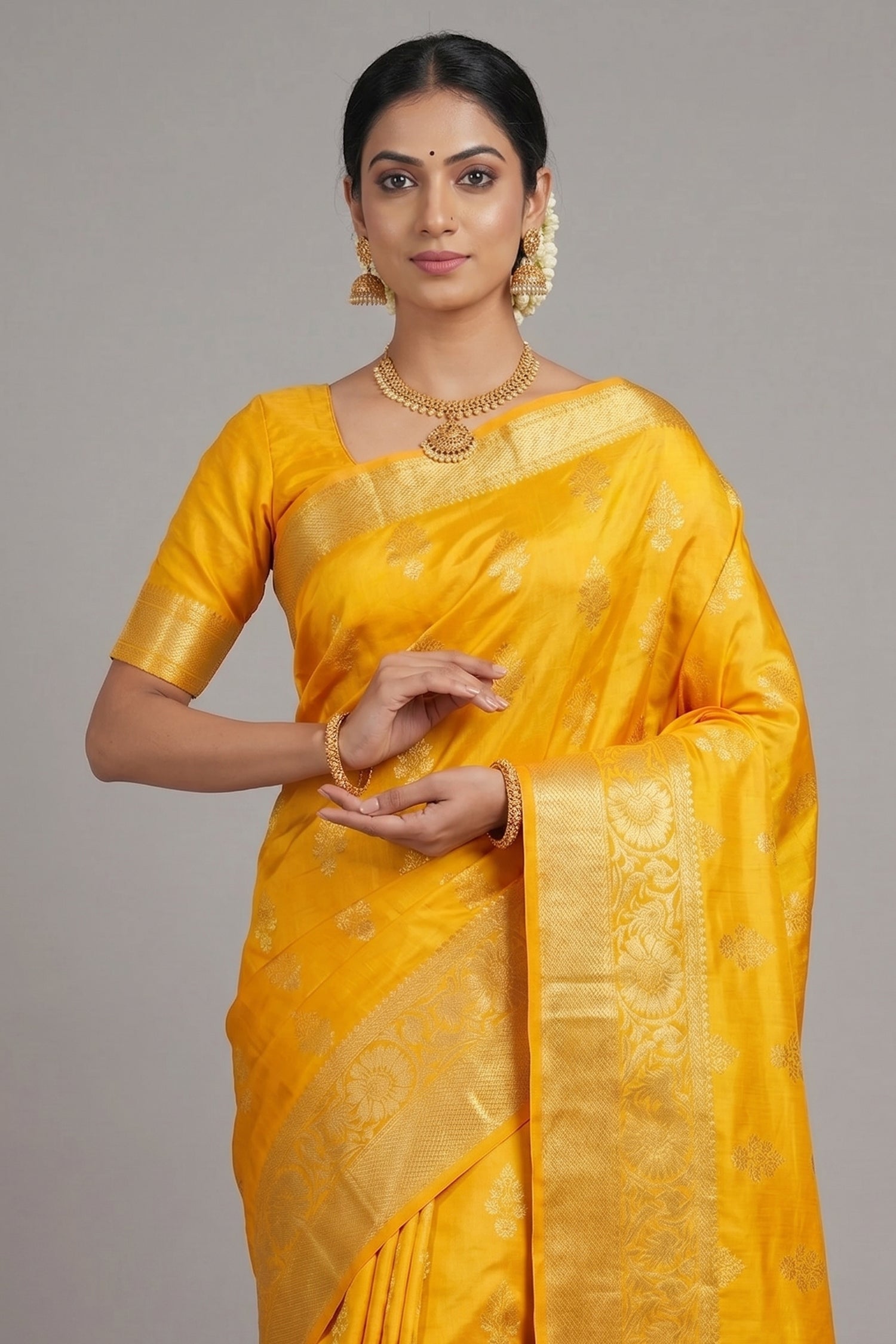 Yellow Kanchipuram Tissue Woven Saree - yellow saree