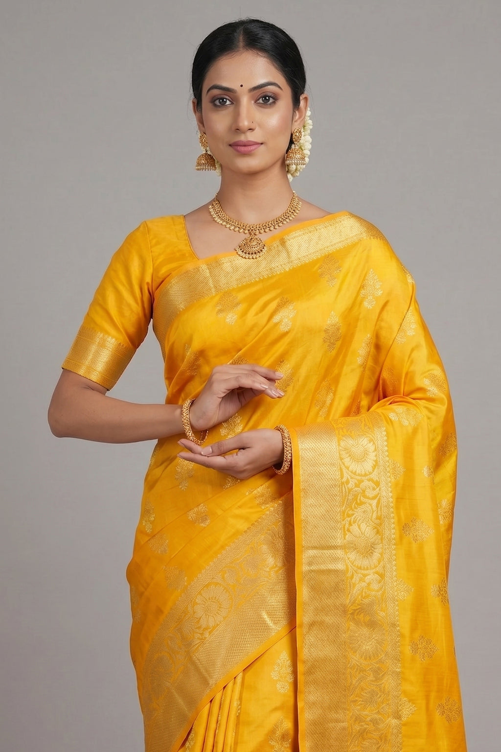 Yellow Kanchipuram Tissue Woven Saree - yellow saree