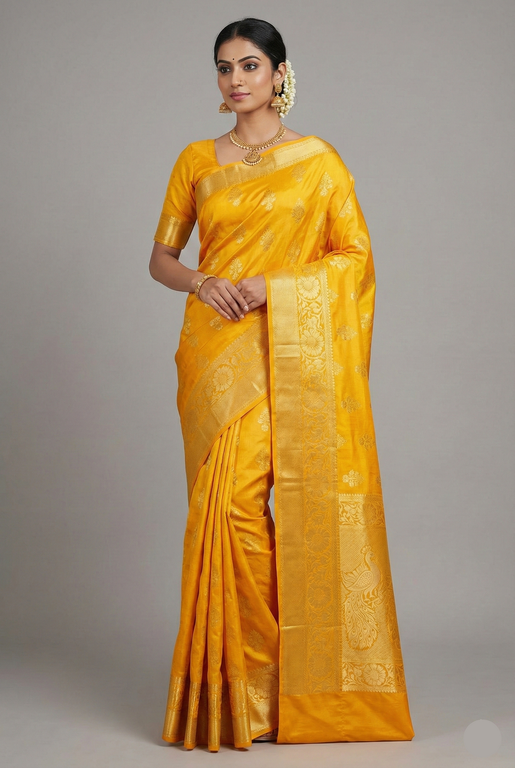 Yellow Kanchipuram Tissue Woven Saree - yellow saree