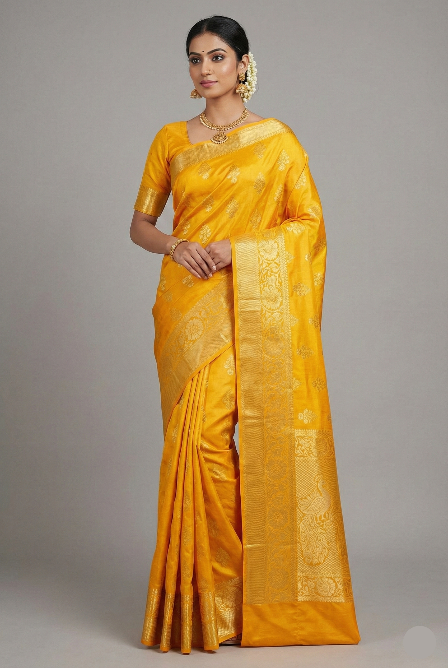 Yellow Kanchipuram Tissue Woven Saree - yellow saree