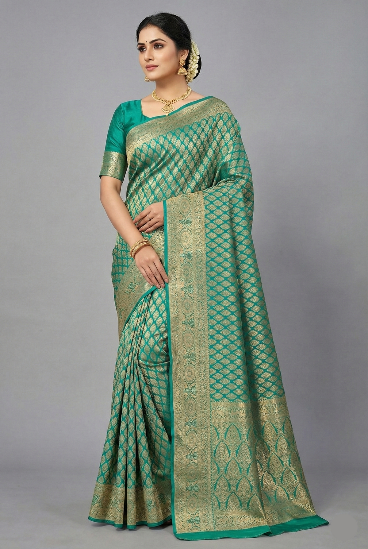 Turquoise Blue Kanchipuram Tissue Silk All Over Woven Saree with Green Highlight