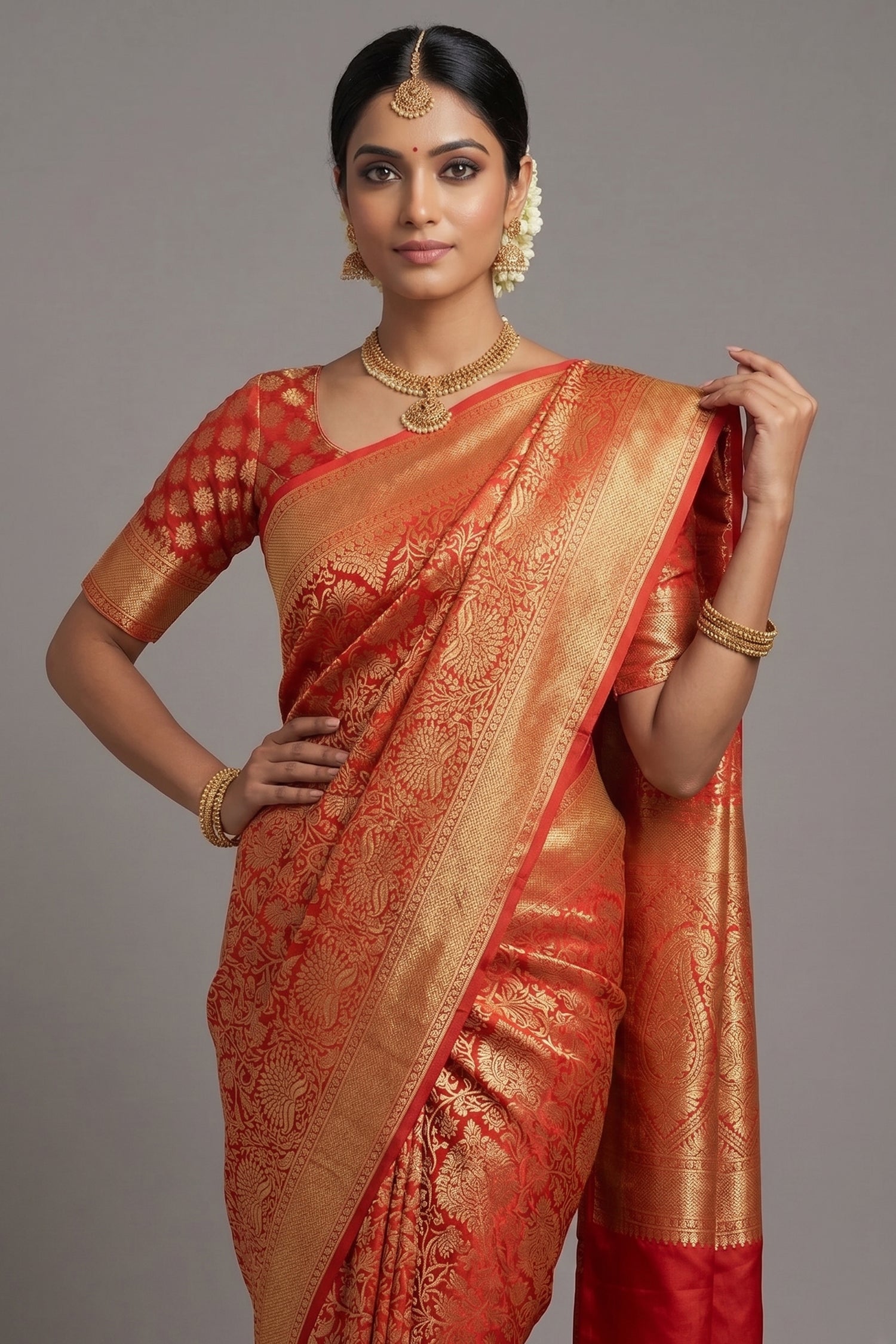 Rust Orange Kanchipuram Tissue Silk Traditional Woven Saree with Pink Hightlight - orange silk saree