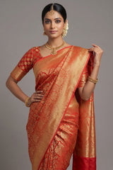 Rust Orange Kanchipuram Tissue Silk Traditional Woven Saree with Pink Hightlight - orange silk saree