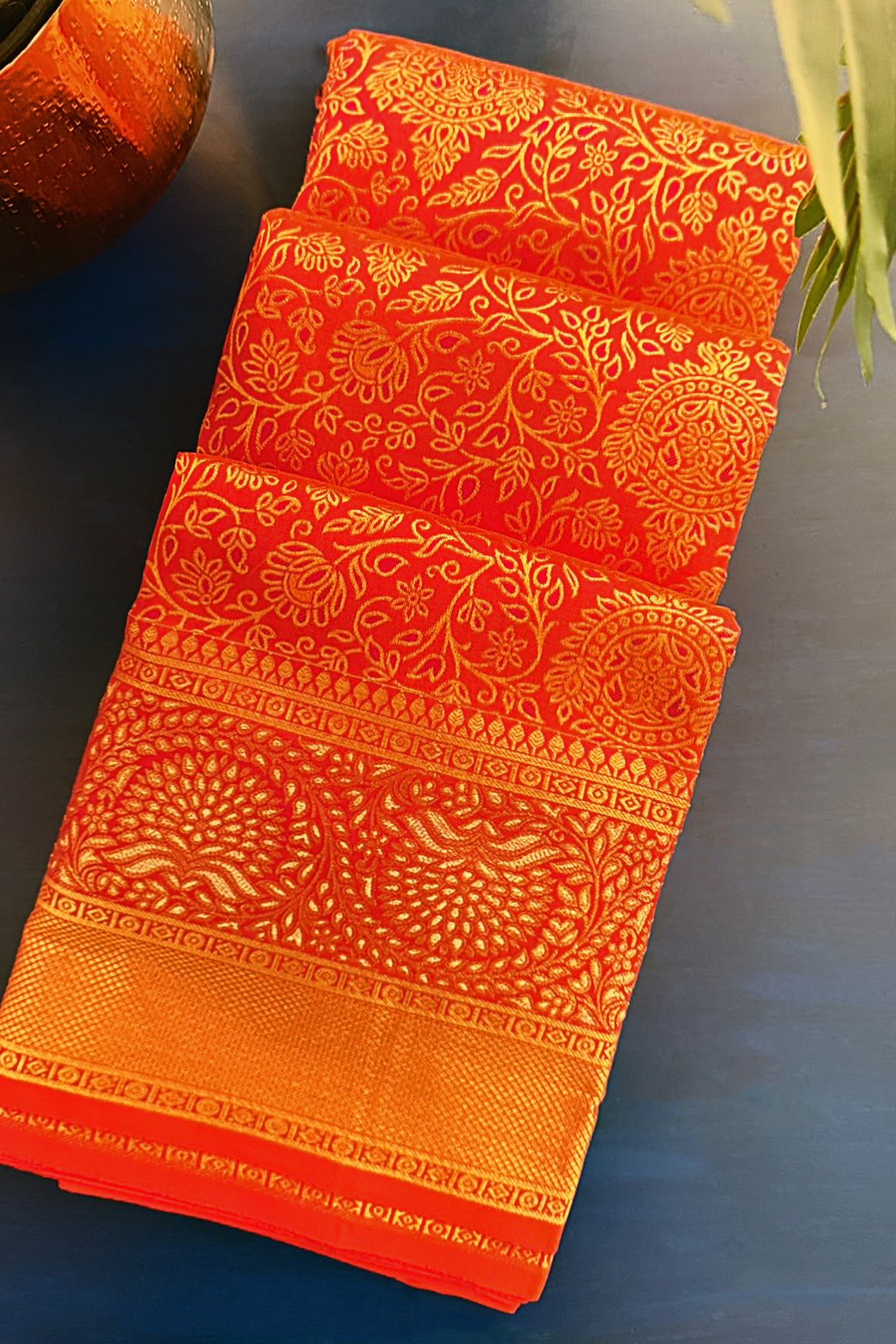 Rust Orange Kanchipuram Tissue Silk Traditional Woven Saree with Pink Hightlight - orange silk saree