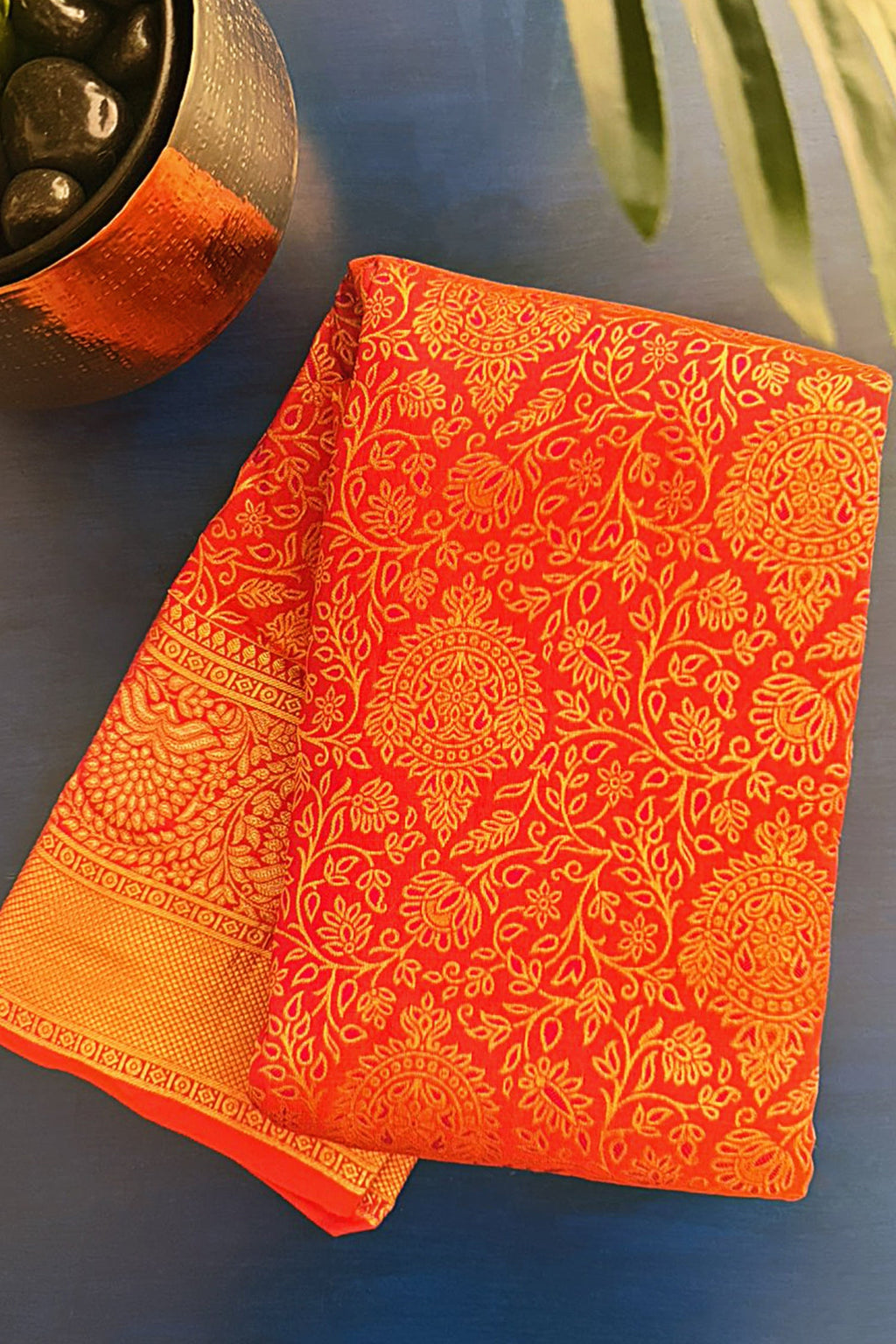 Rust Orange Kanchipuram Tissue Silk Traditional Woven Saree with Pink Hightlight - orange silk saree