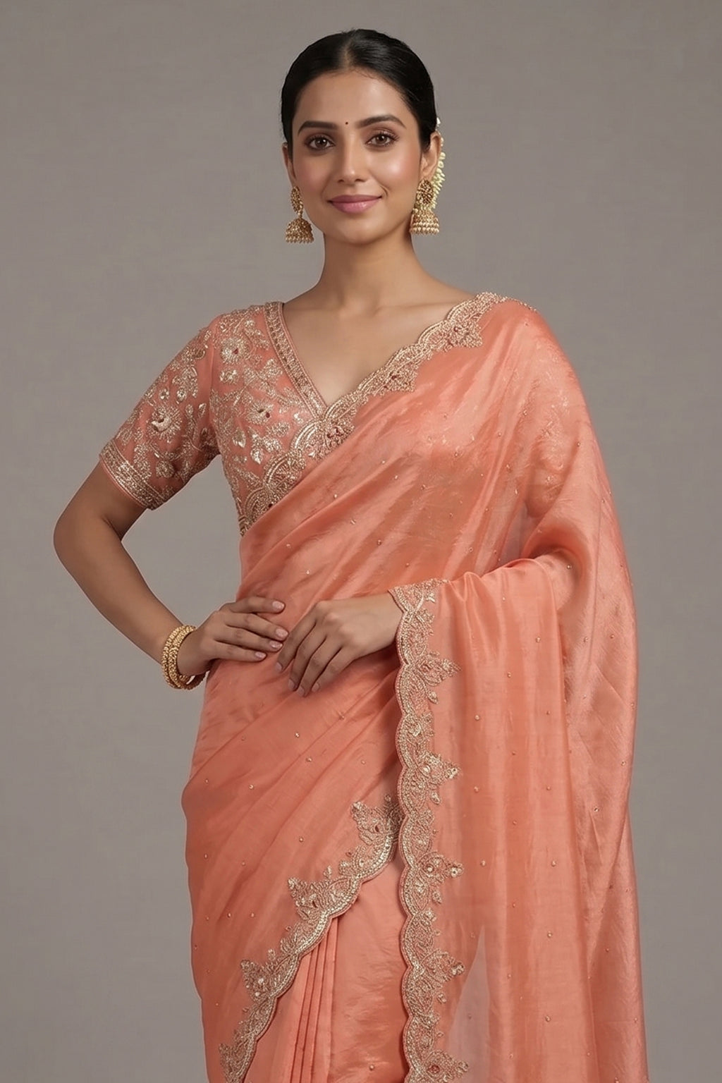 Coral Peach Soft Organza Silk Saree with Cutdana and Sequin Work - peach silk saree