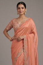 Coral Peach Soft Organza Silk Saree with Cutdana and Sequin Work - peach silk saree