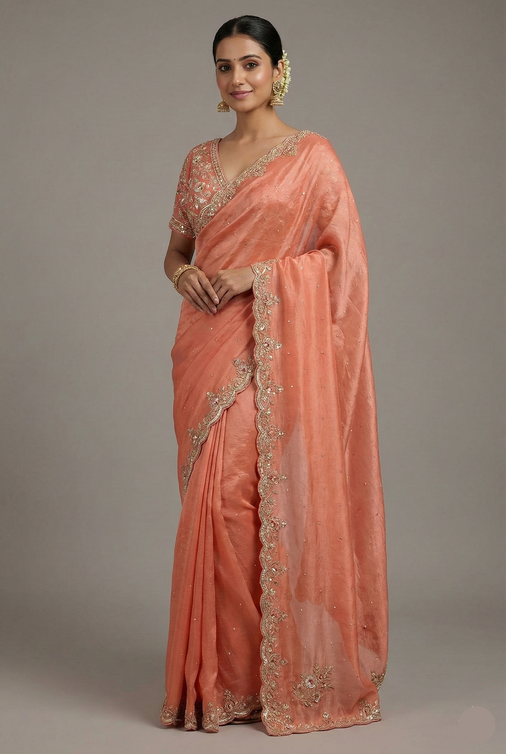 Coral Peach Soft Organza Silk Saree with Cutdana and Sequin Work - peach silk saree