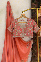 Coral Peach Soft Organza Silk Saree with Cutdana and Sequin Work - peach silk saree