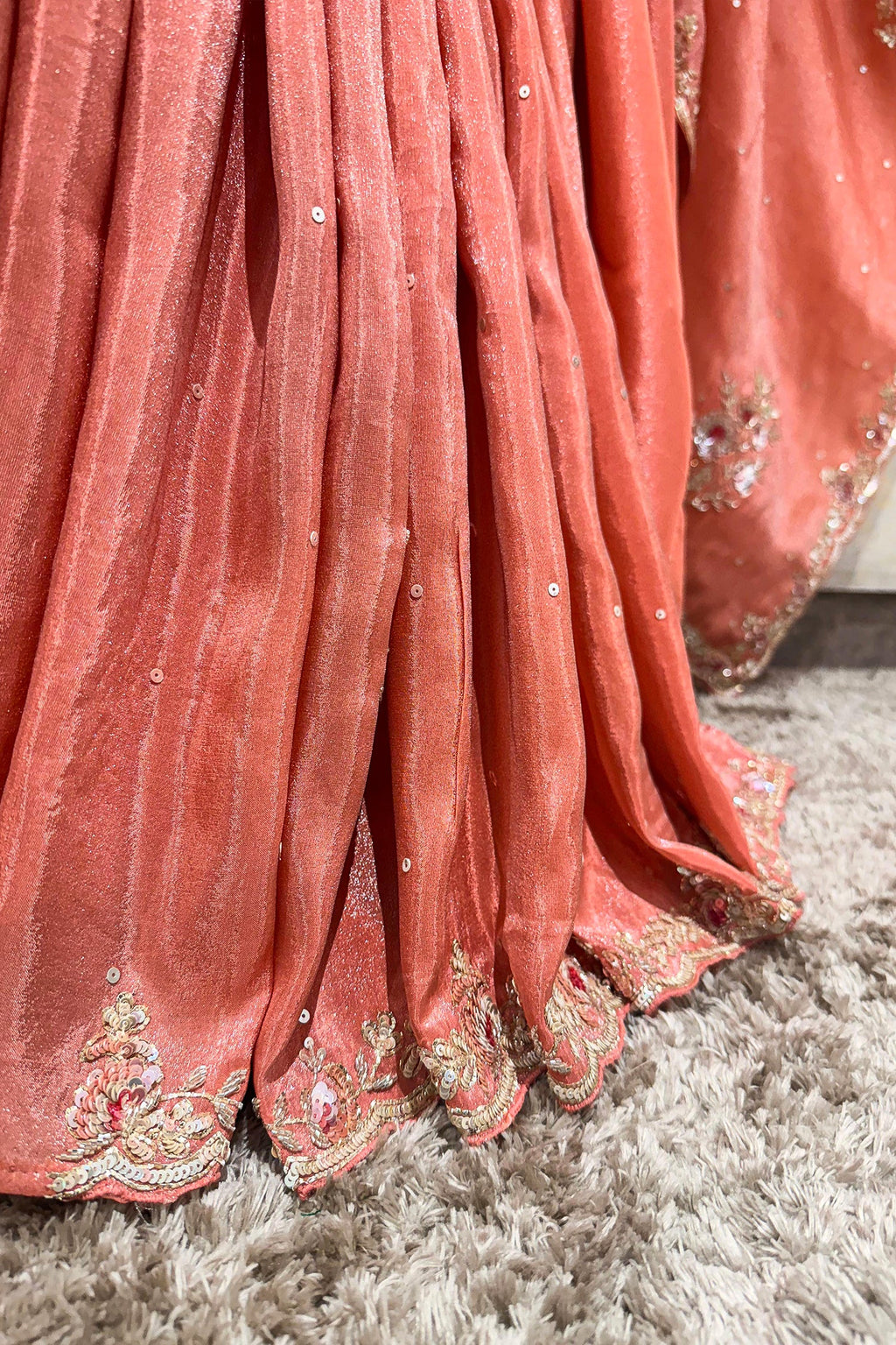 Coral Peach Soft Organza Silk Saree with Cutdana and Sequin Work - peach silk saree