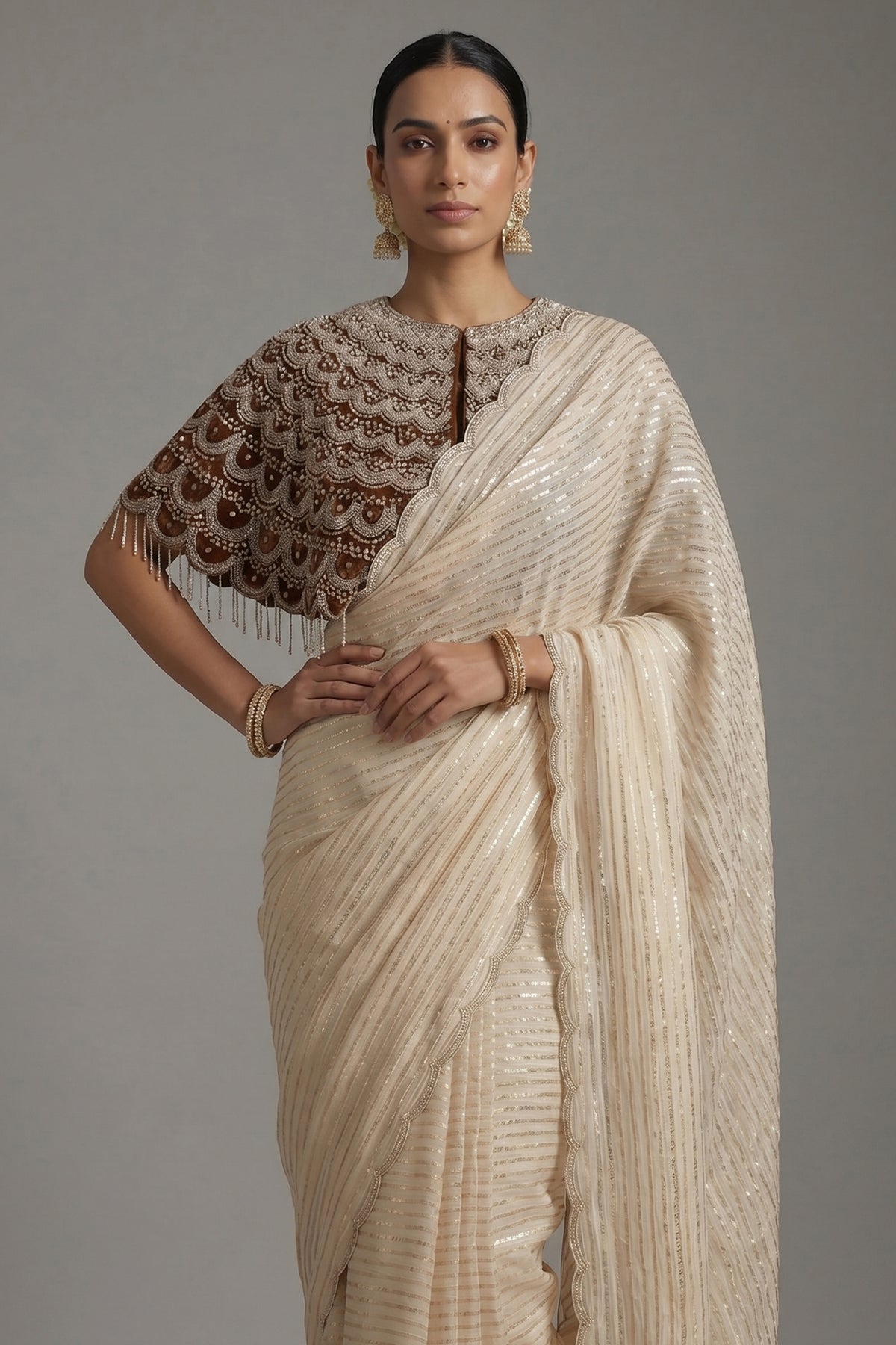 Cream Soft Organza Silk Weaving Stripe Saree with Poncho Blouse and Cutdana Work Scallop Border - cream silk saree