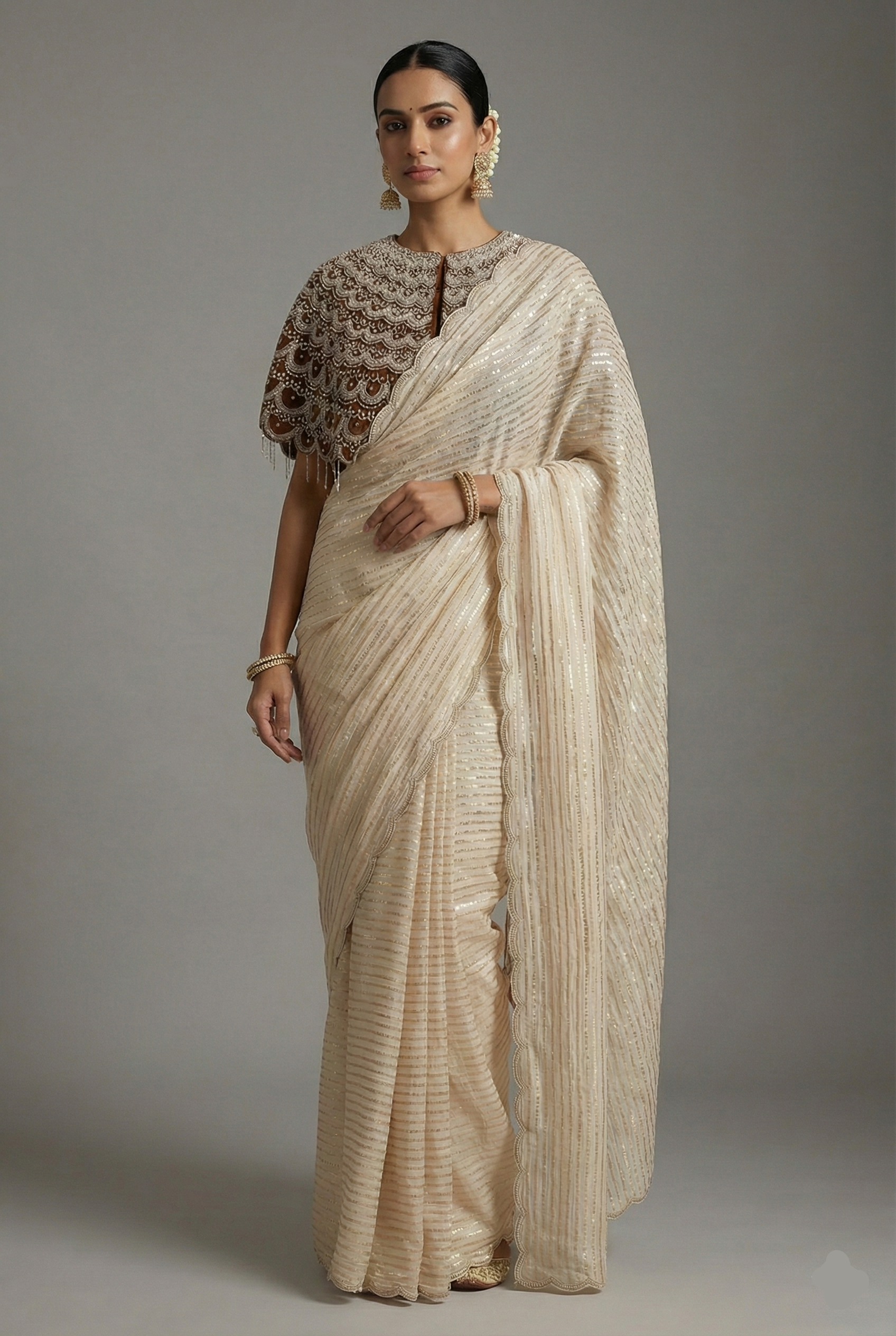 Cream Soft Organza Silk Weaving Stripe Saree with Poncho Blouse and Cutdana Work Scallop Border - cream silk saree Main image