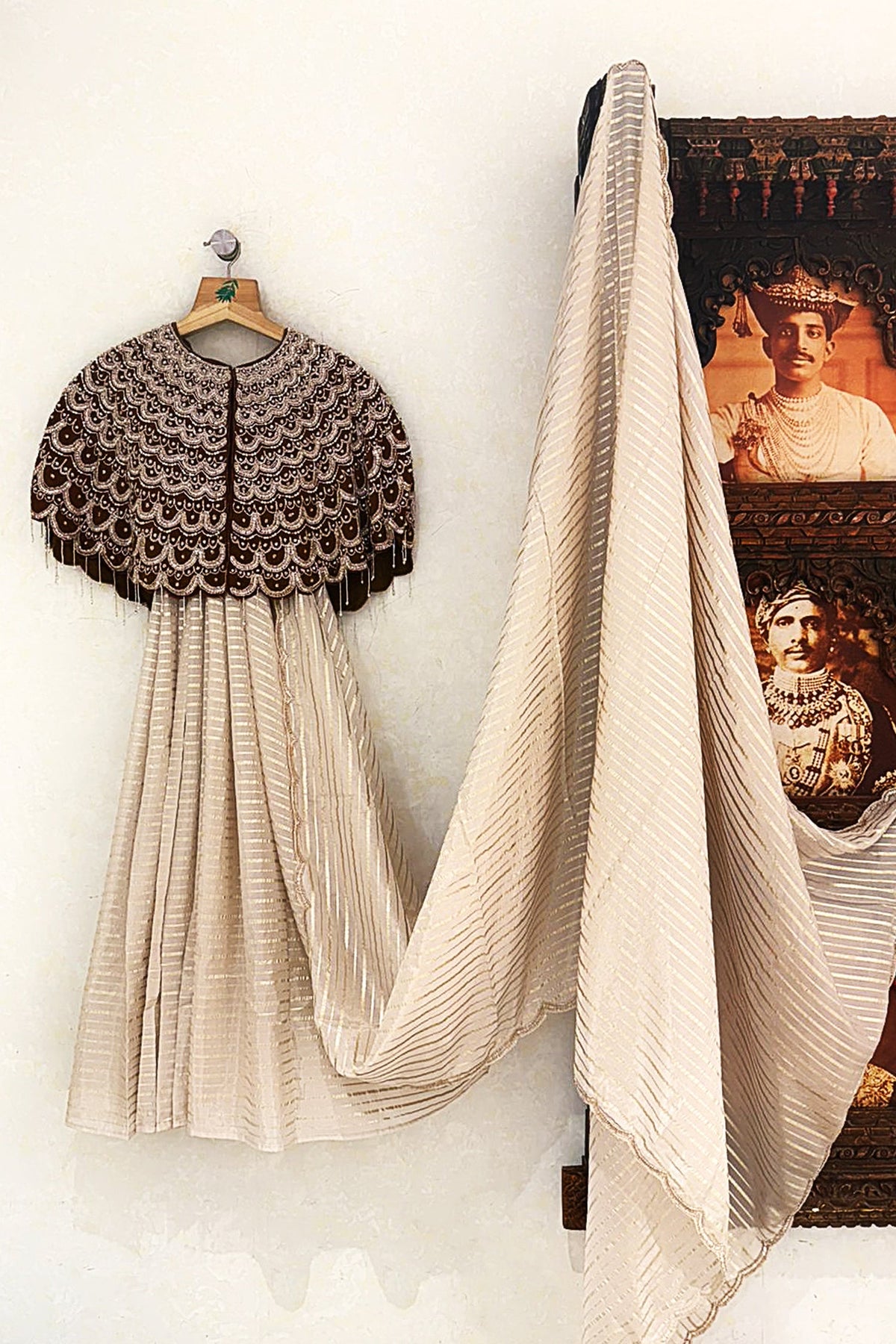 Cream Soft Organza Silk Weaving Stripe Saree with Poncho Blouse and Cutdana Work Scallop Border - cream silk saree