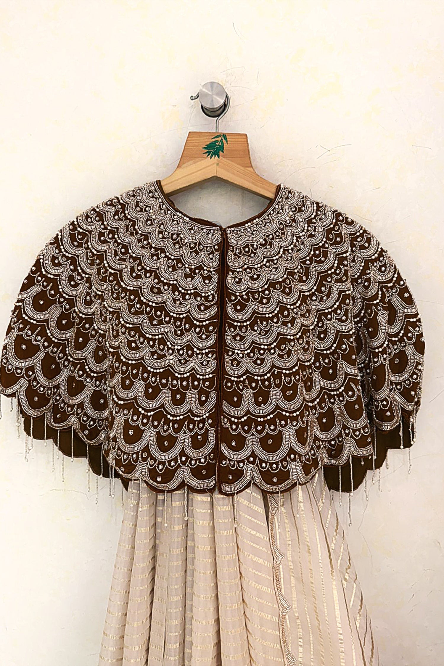 Cream Soft Organza Silk Weaving Stripe Saree with Poncho Blouse and Cutdana Work Scallop Border