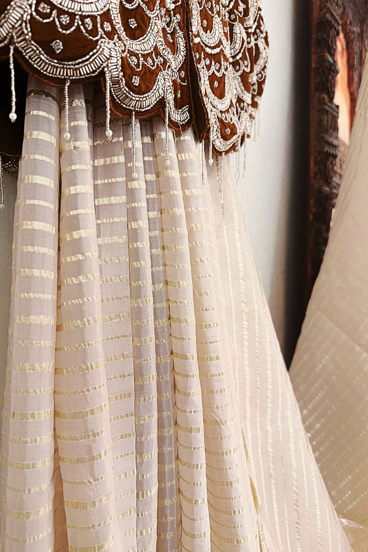 Cream Soft Organza Silk Weaving Stripe Saree with Poncho Blouse and Cutdana Work Scallop Border - cream silk saree