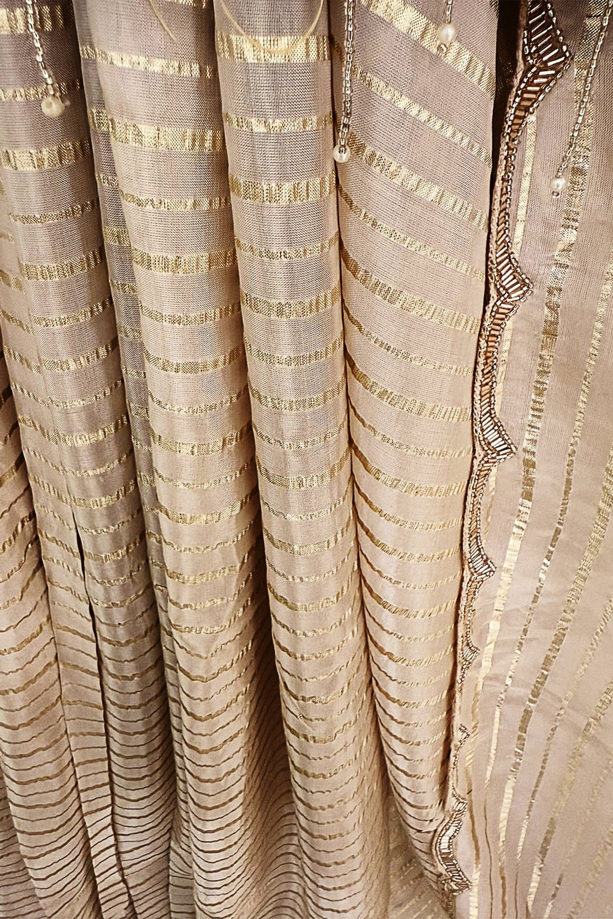 Cream Soft Organza Silk Weaving Stripe Saree with Poncho Blouse and Cutdana Work Scallop Border - cream silk saree