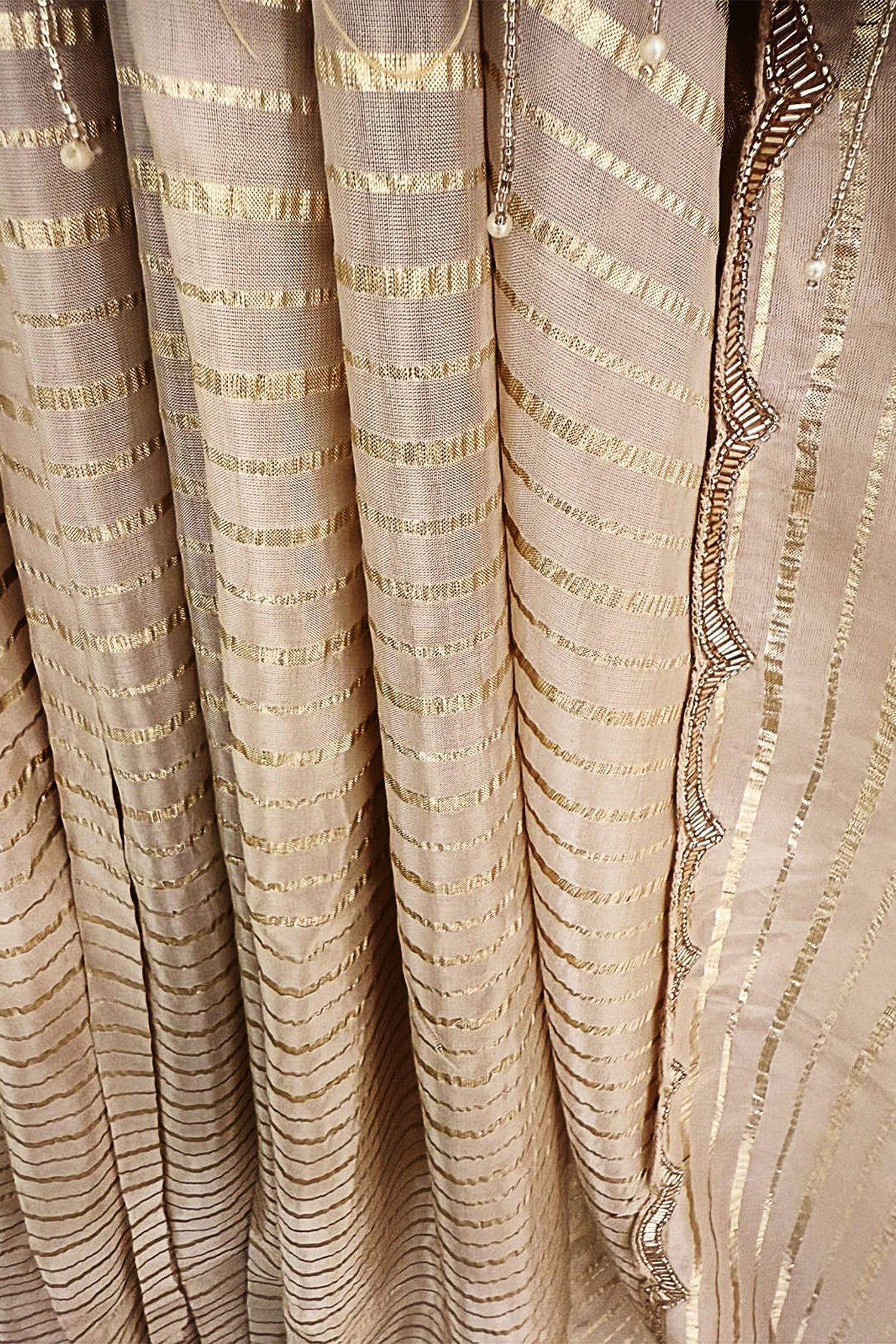 Cream Soft Organza Silk Weaving Stripe Saree with Poncho Blouse and Cutdana Work Scallop Border - cream silk saree