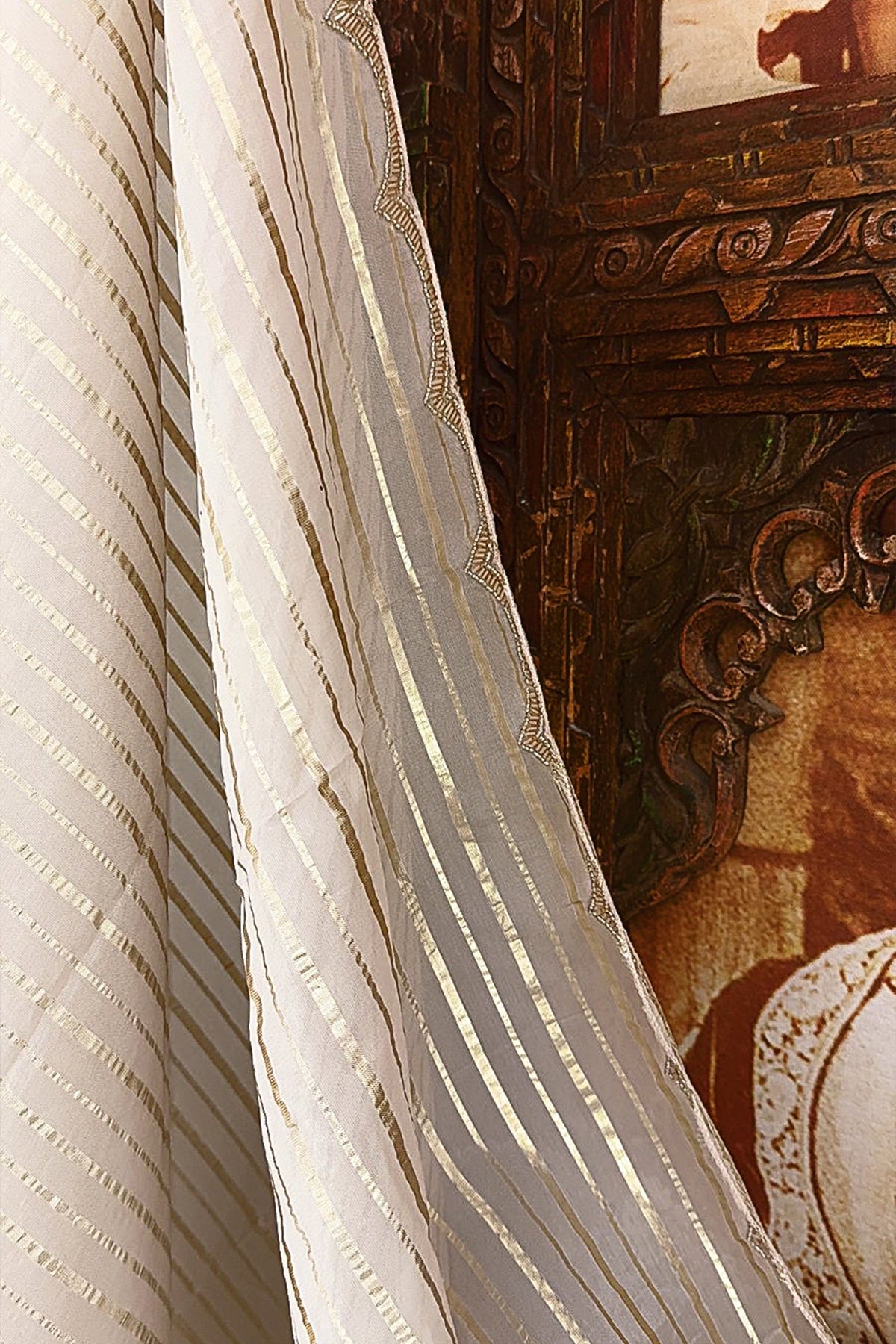 Cream Soft Organza Silk Weaving Stripe Saree with Poncho Blouse and Cutdana Work Scallop Border - cream silk saree