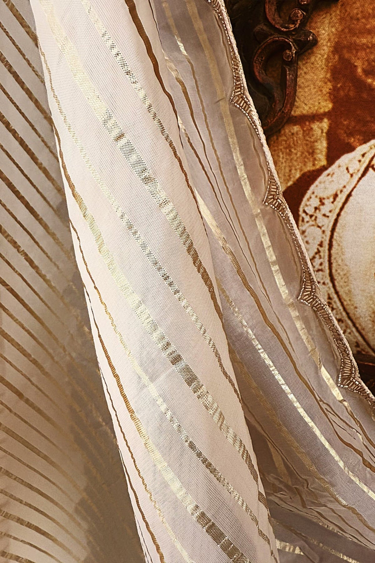Cream Soft Organza Silk Weaving Stripe Saree with Poncho Blouse and Cutdana Work Scallop Border - cream silk saree