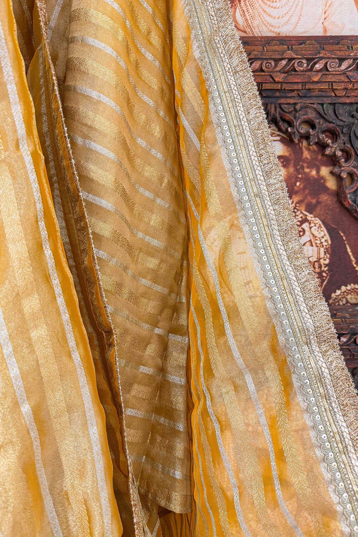 Yellow Tissue Woven Saree with Lace Work - yellow lace saree