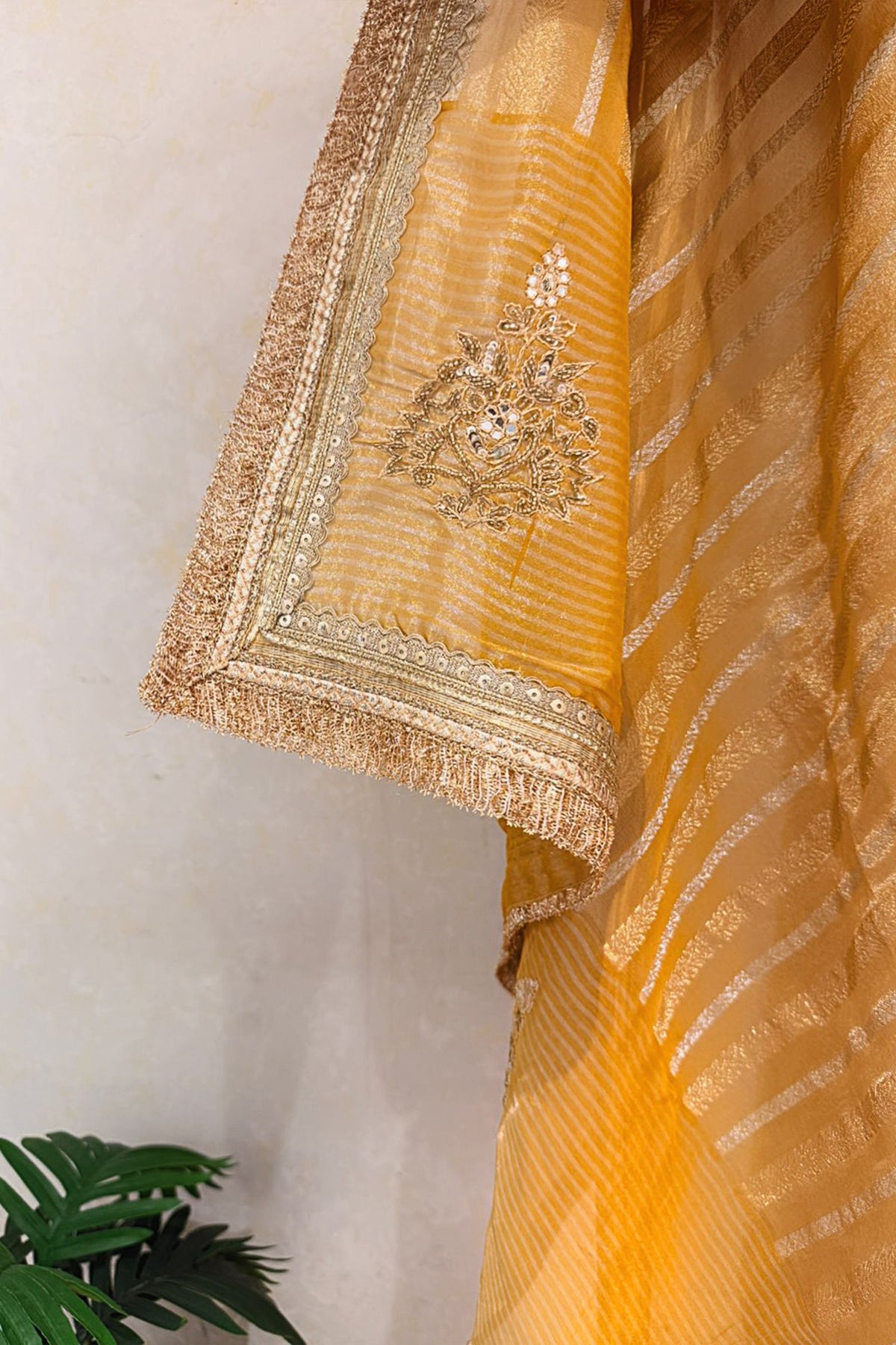 Yellow Tissue Woven Saree with Lace Work - yellow lace saree