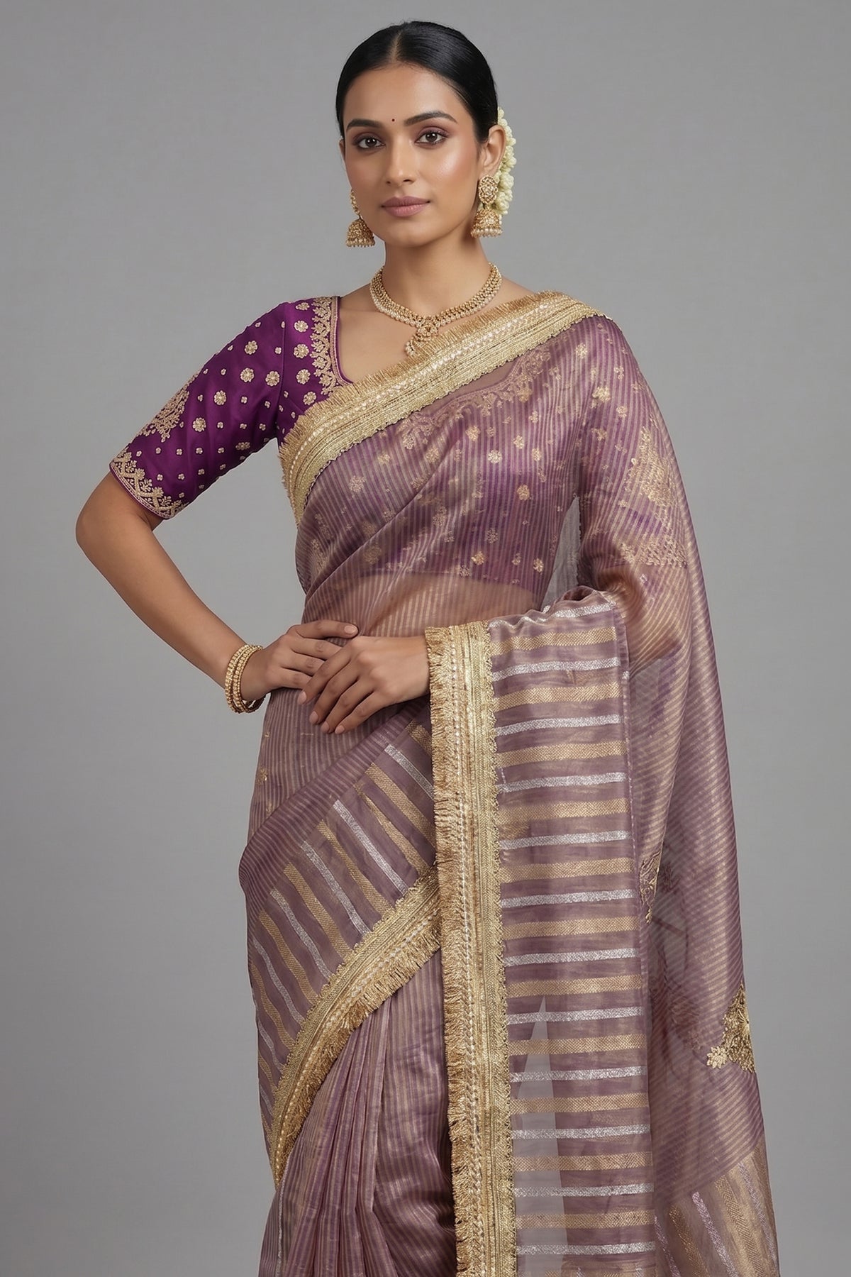 Purple Tissue Woven Saree with Lace Work - purple lace saree